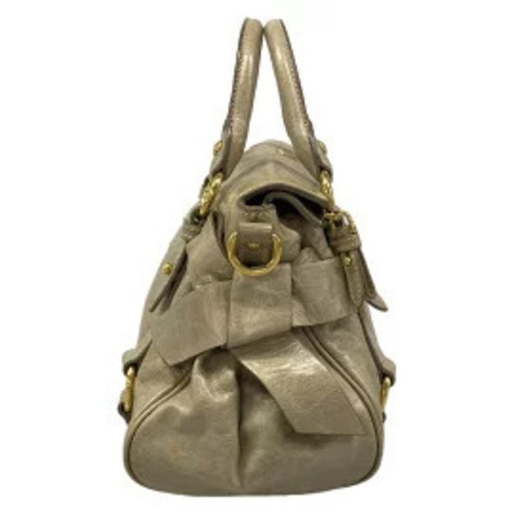 Miu Miu Vitello Lux Handbag Side Ribbon Gray Beige Leather